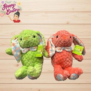 2x Kellytoy Easter Bunny Plush Green Pink Checkered Stuffed Animal 9"